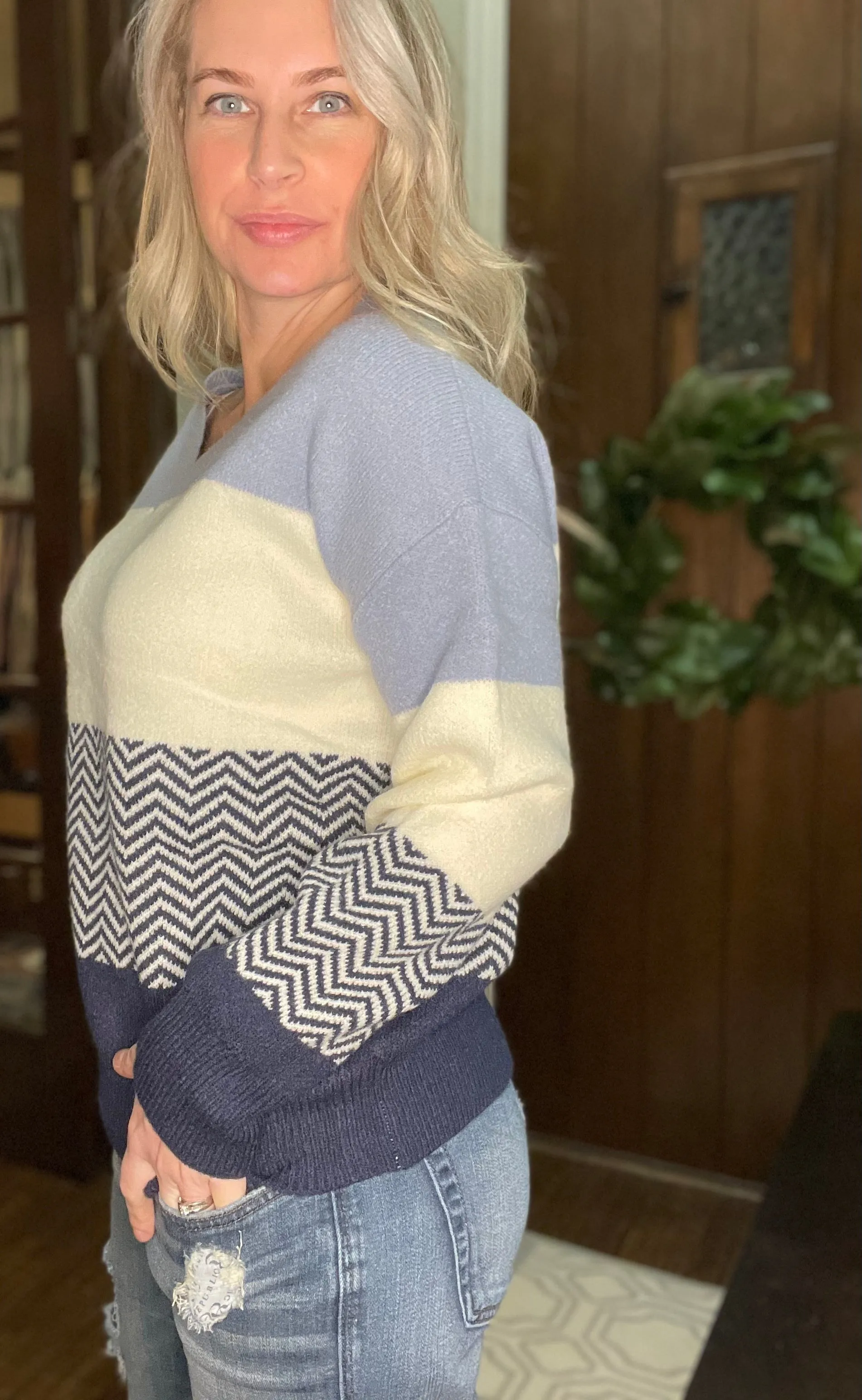 Striped V-Neck Sweater in Blue