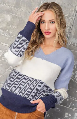 Striped V-Neck Sweater in Blue