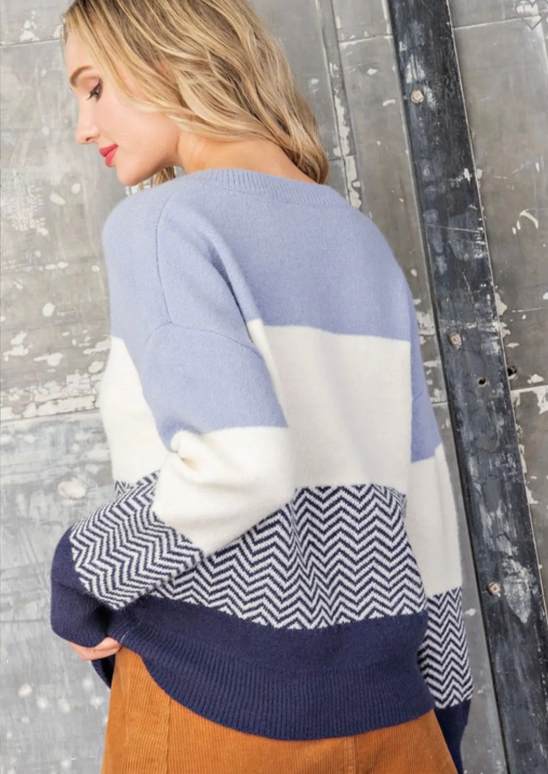 Striped V-Neck Sweater in Blue