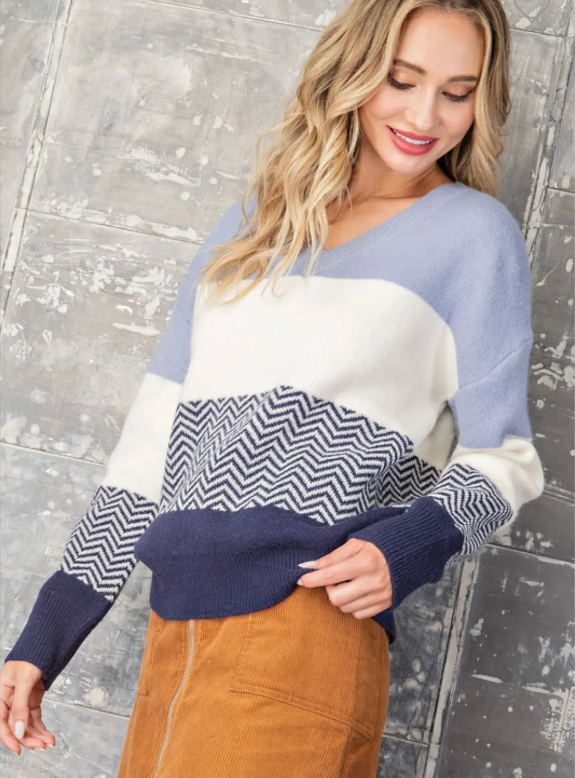 Striped V-Neck Sweater in Blue