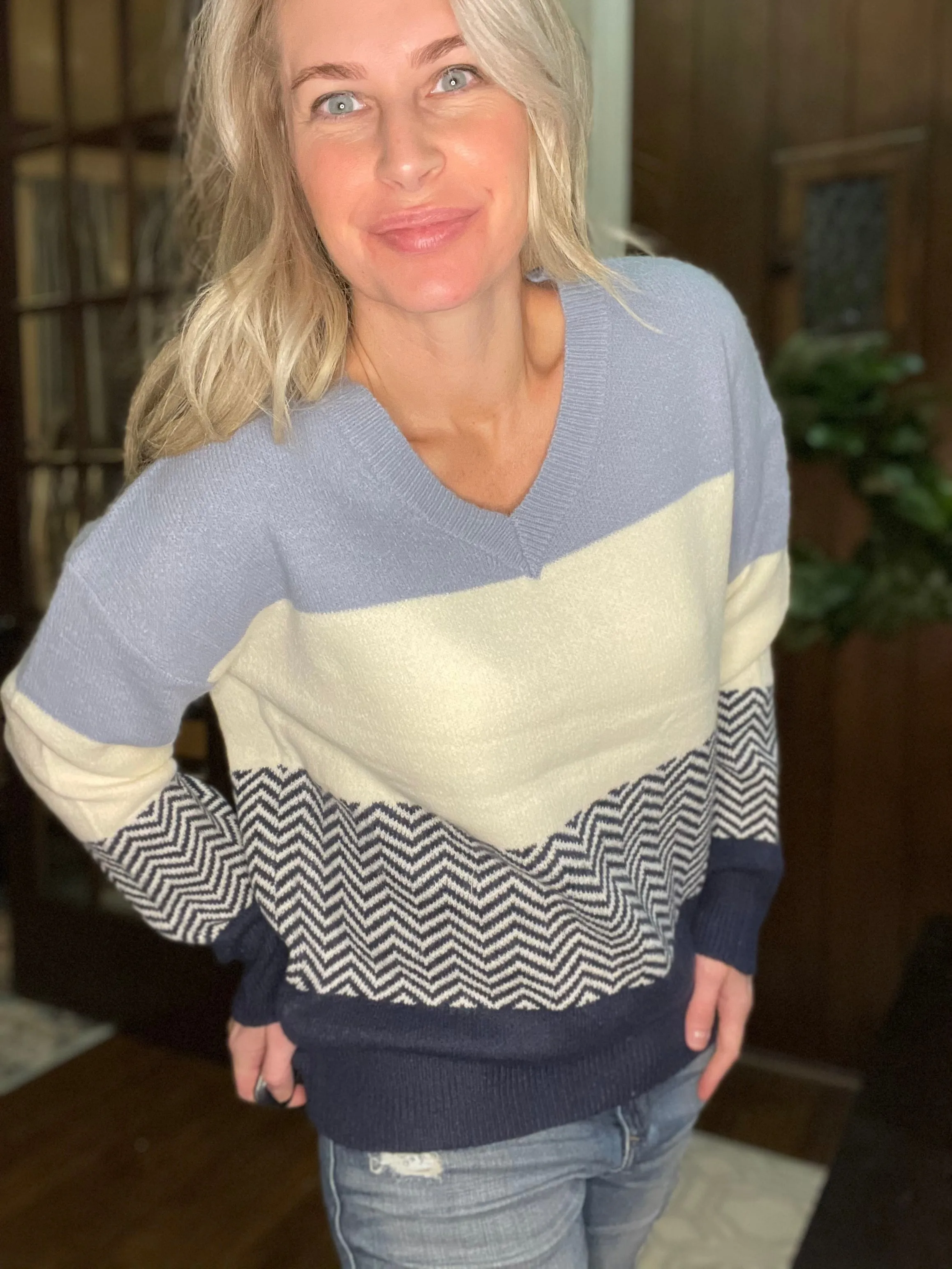Striped V-Neck Sweater in Blue