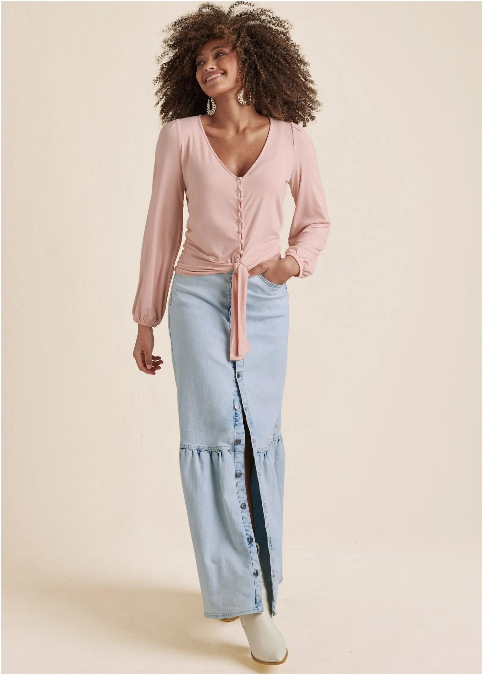 Tie-Front Button-Up Top - Peach