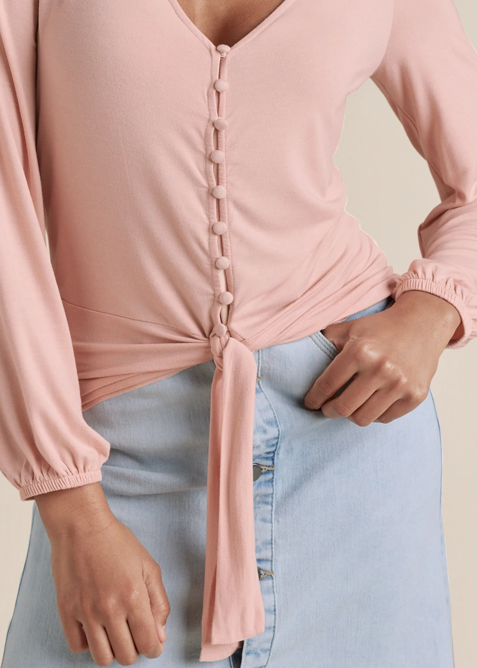 Tie-Front Button-Up Top - Peach