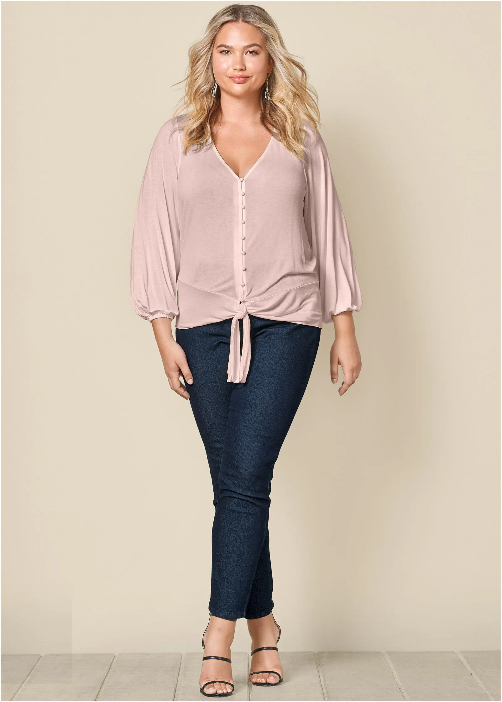 Tie-Front Button-Up Top - Peach