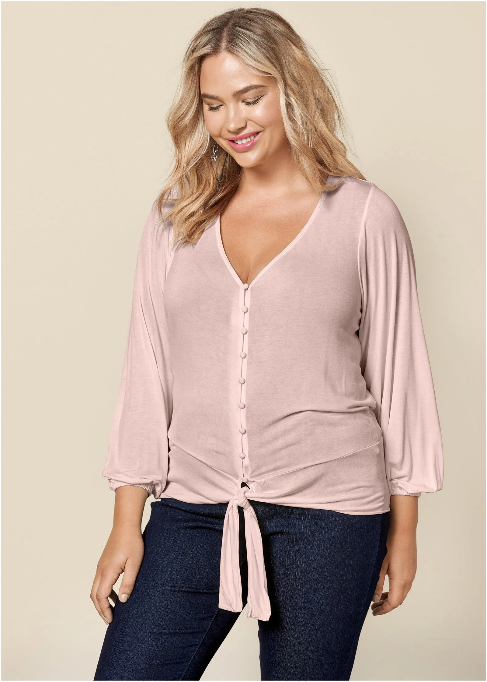 Tie-Front Button-Up Top - Peach