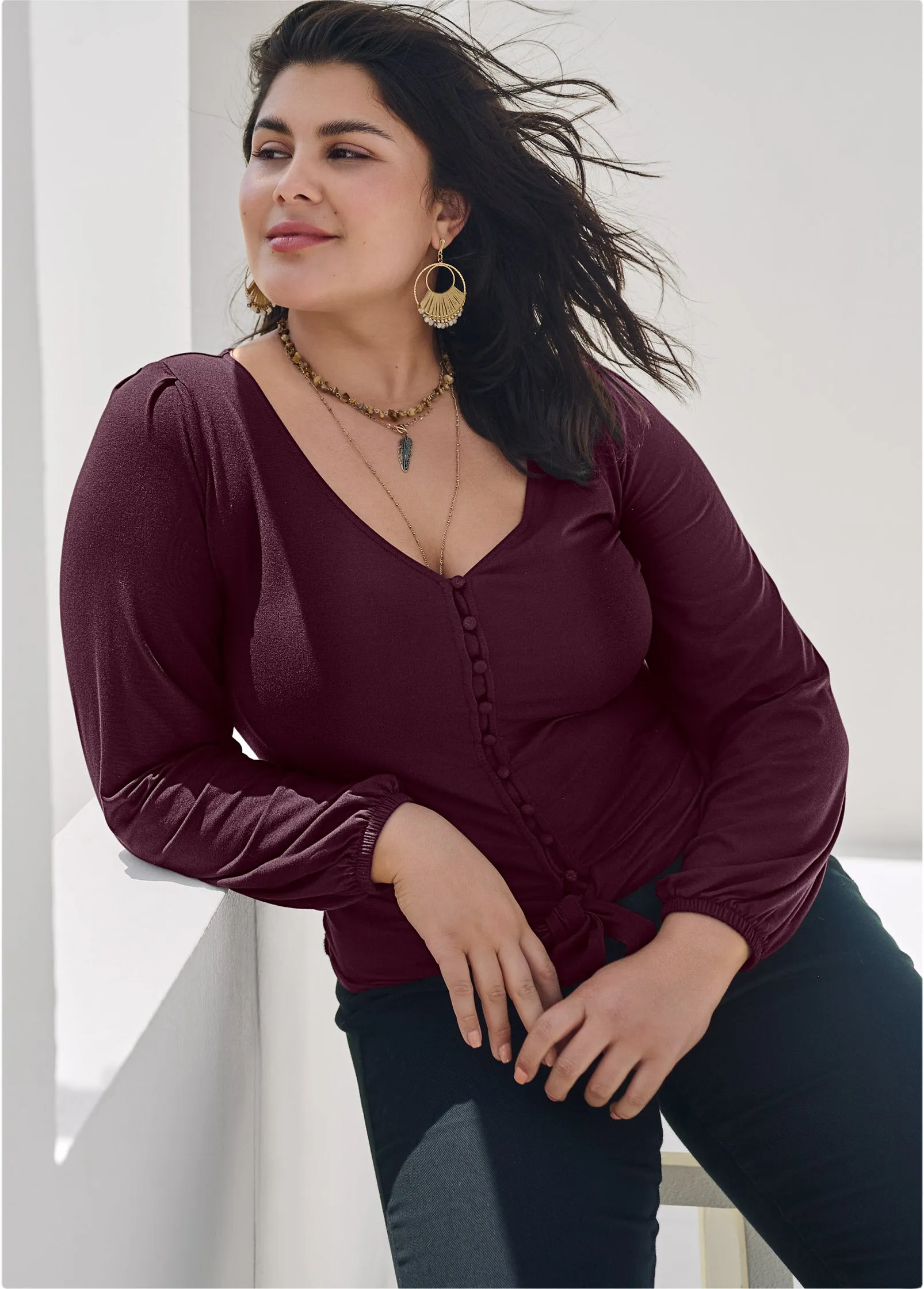 Tie-Front Button-Up Top - Wine