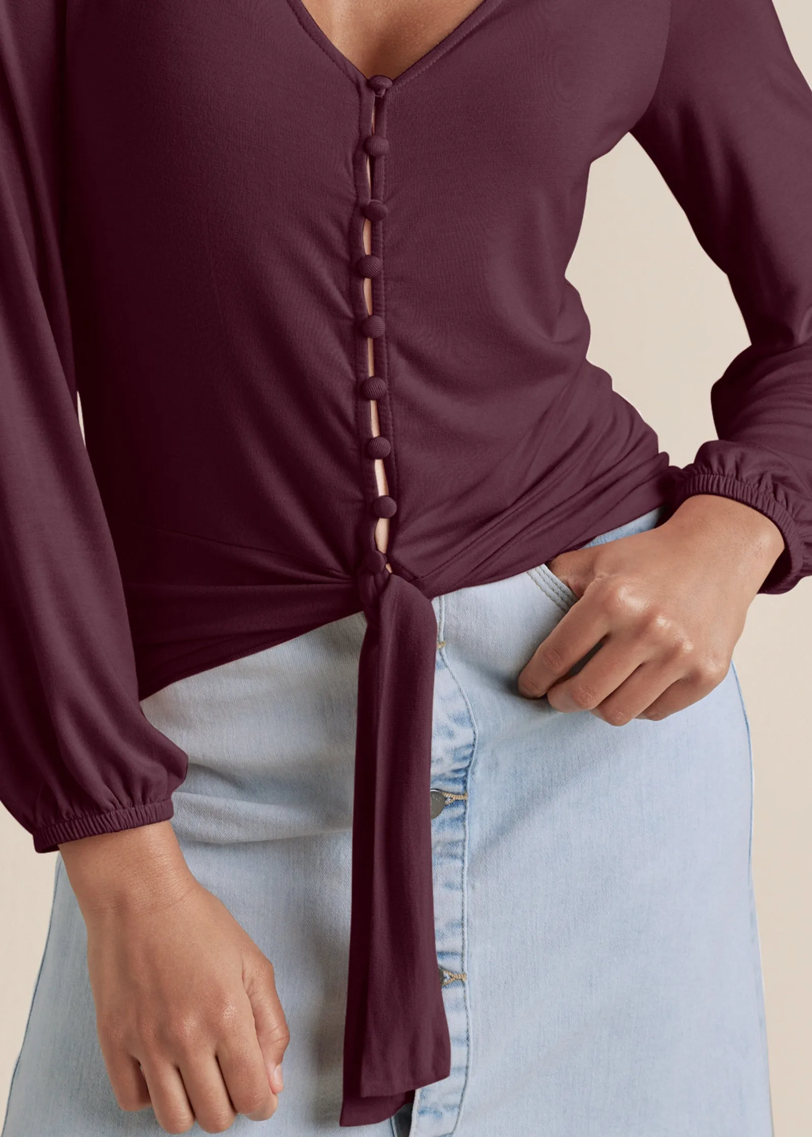 Tie-Front Button-Up Top - Wine