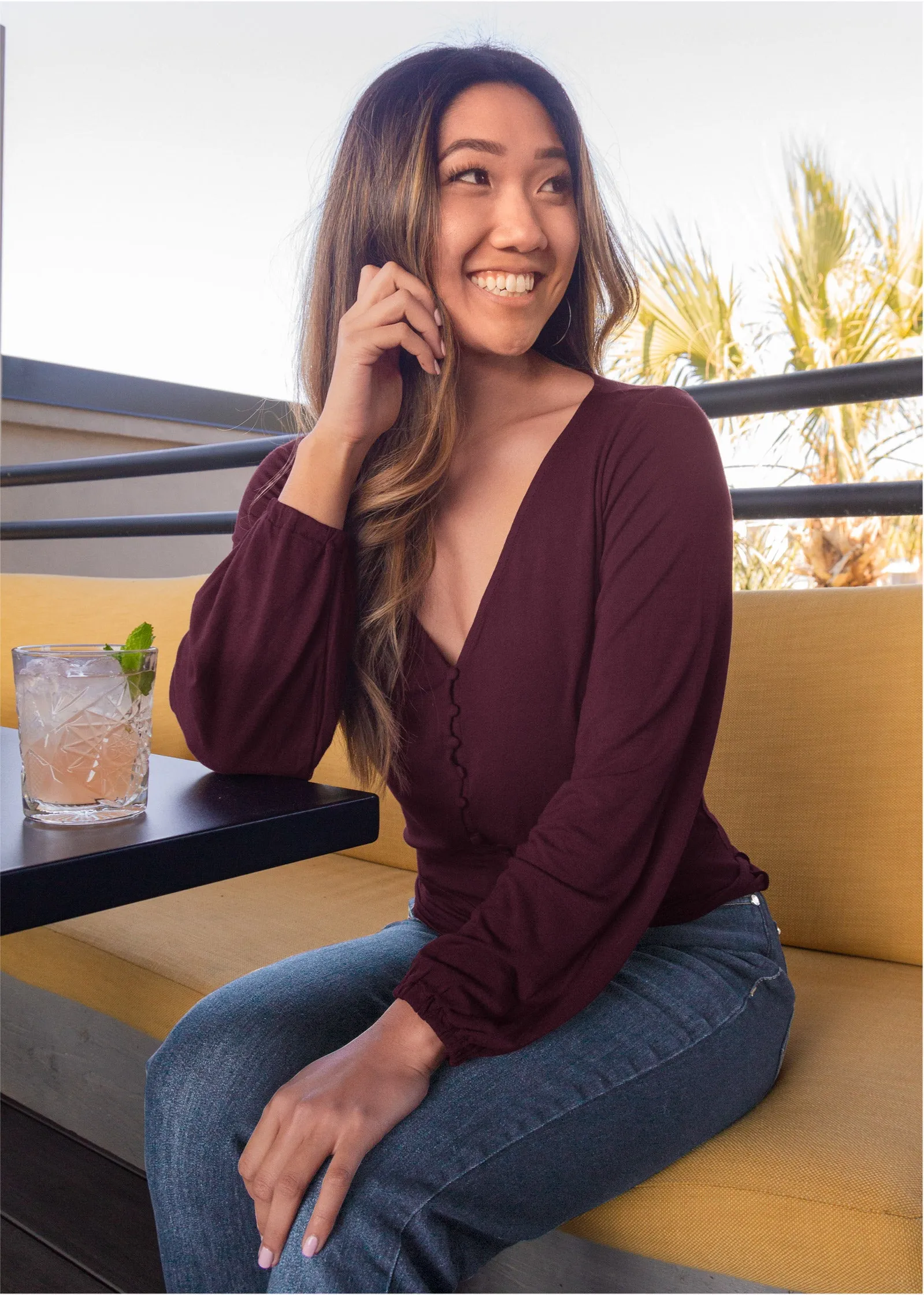 Tie-Front Button-Up Top - Wine