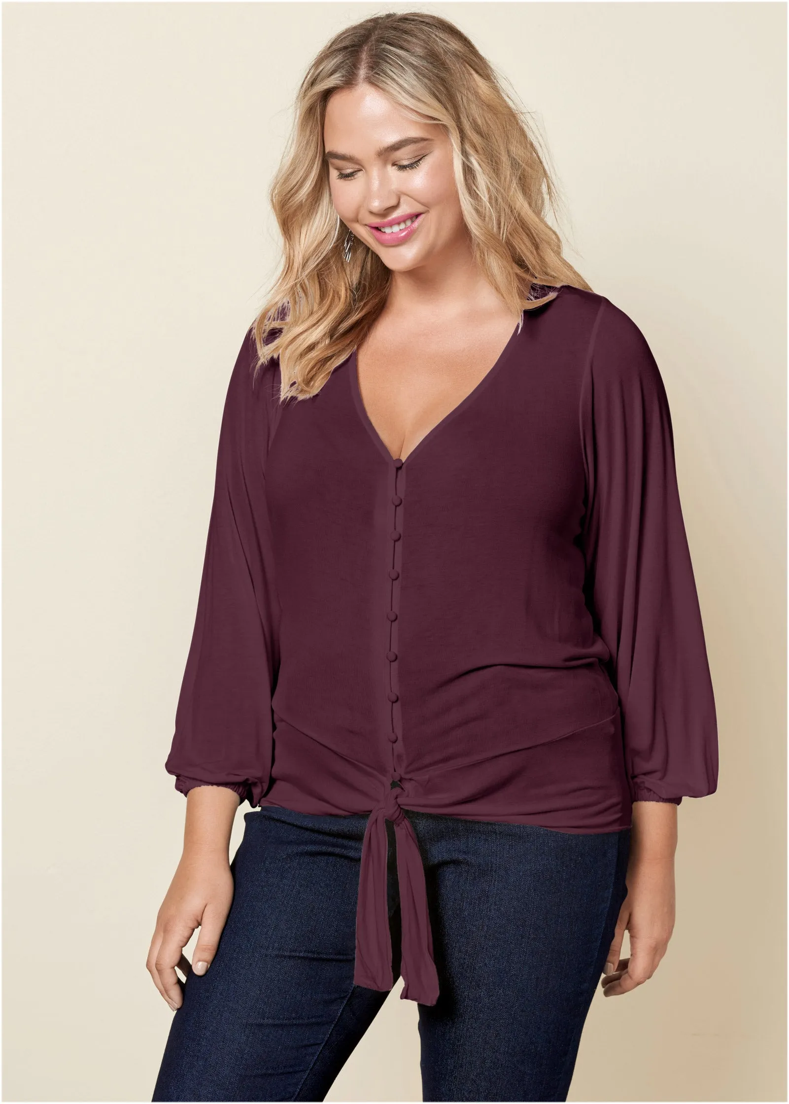 Tie-Front Button-Up Top - Wine