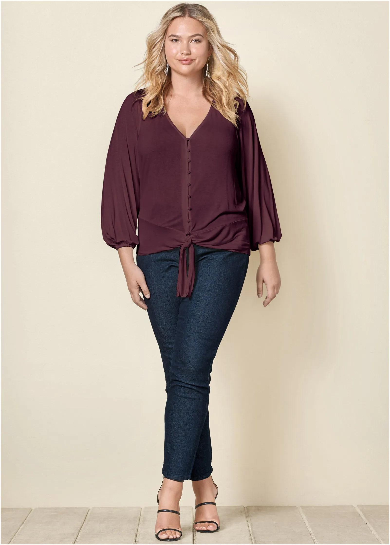 Tie-Front Button-Up Top - Wine