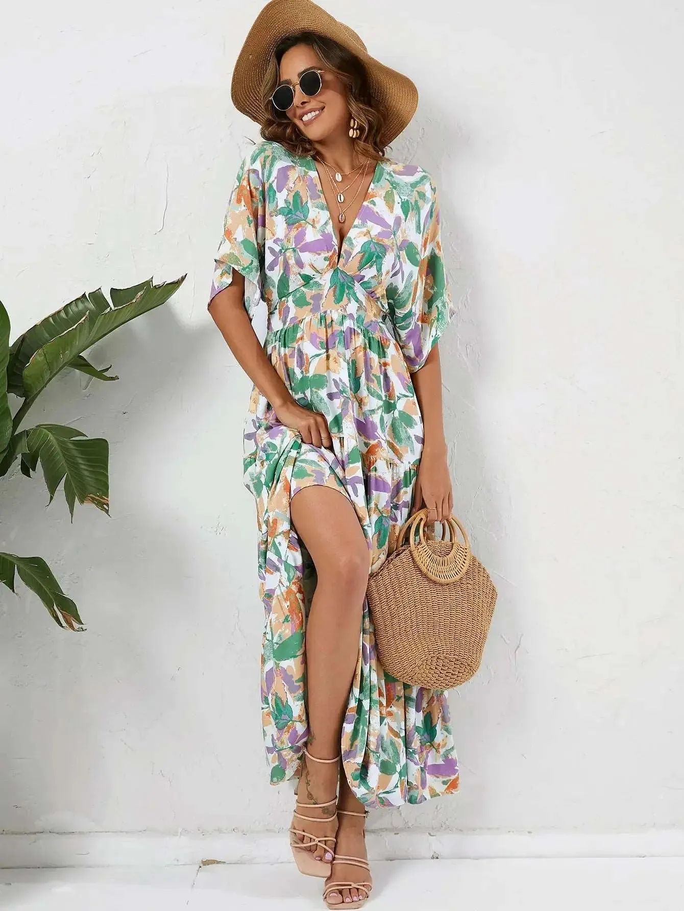 V neck green beach dress