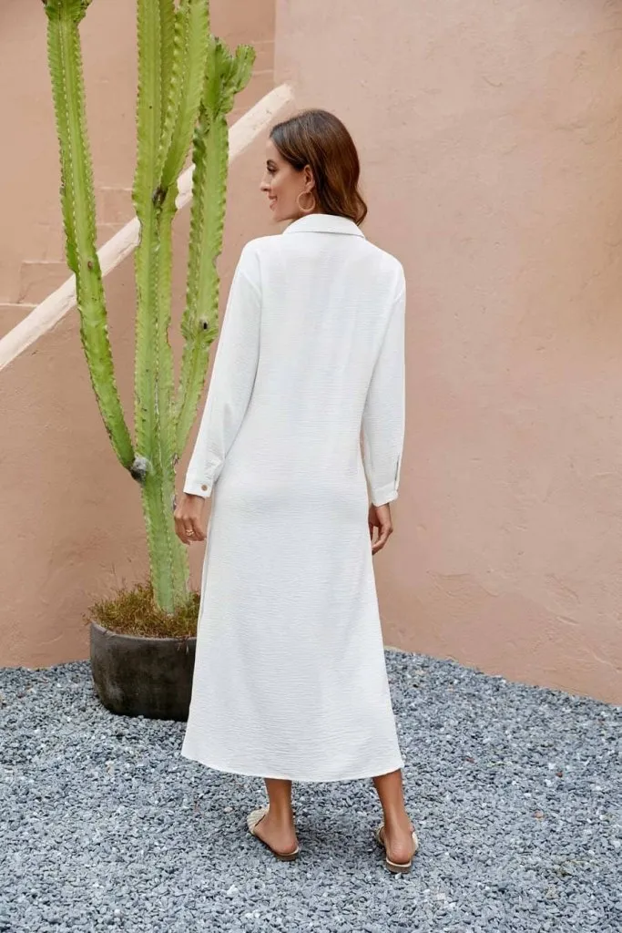 V-Neck Side Split Long White Beach Dress